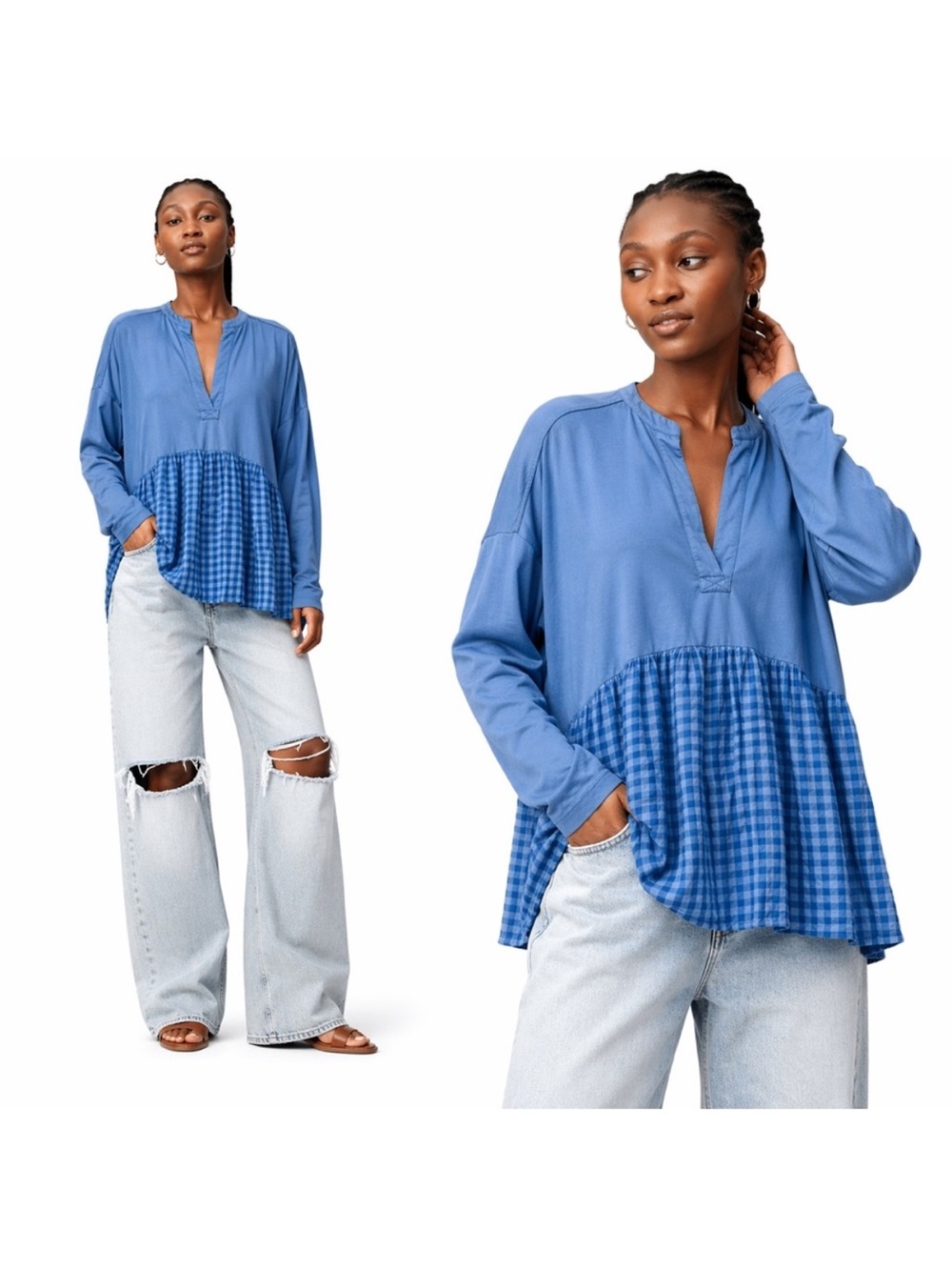 Pilcro Blue Long-Sleeve Peplum Tunic with Gingham Panel